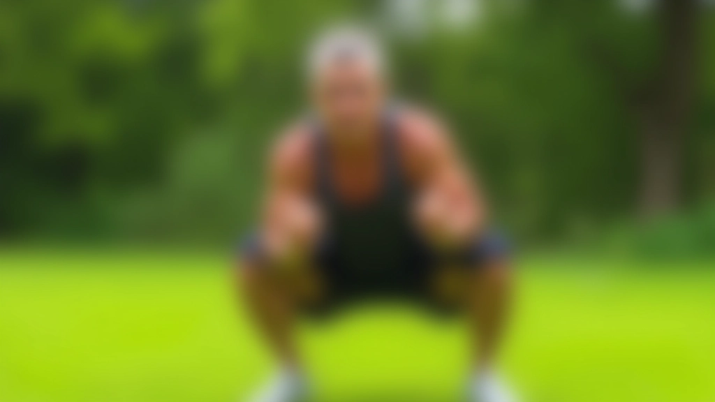 Adult performing a controlled squat exercise with proper form in an outdoor park setting