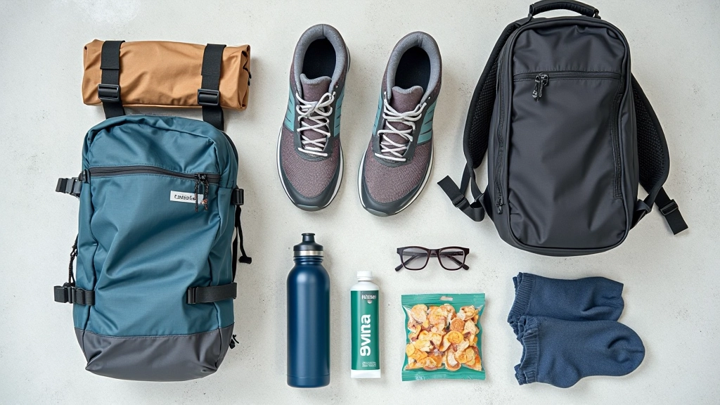 Laid-out charity walk essentials including proper walking shoes, hydration pack, snacks, and other gear items