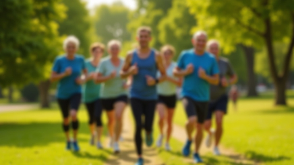 Group of adults jogging together in a park on a sunny morning, all wearing athletic gear