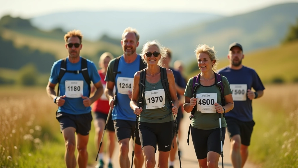 Group of adults aged 40-60 walking together outdoors in fitness clothing