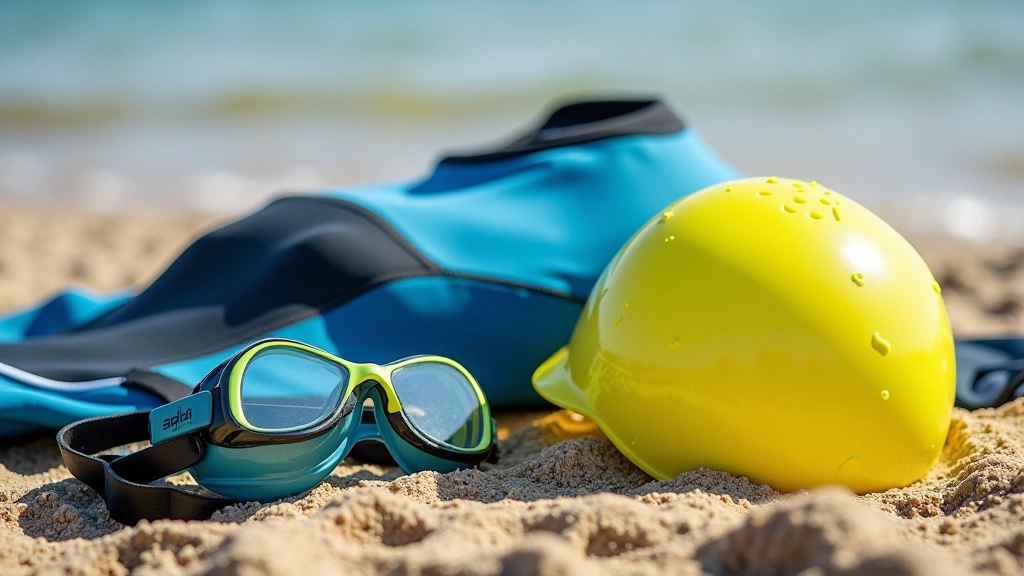 Laid out open water swimming safety equipment including wetsuit, cap, goggles, and tow float on a towel near water