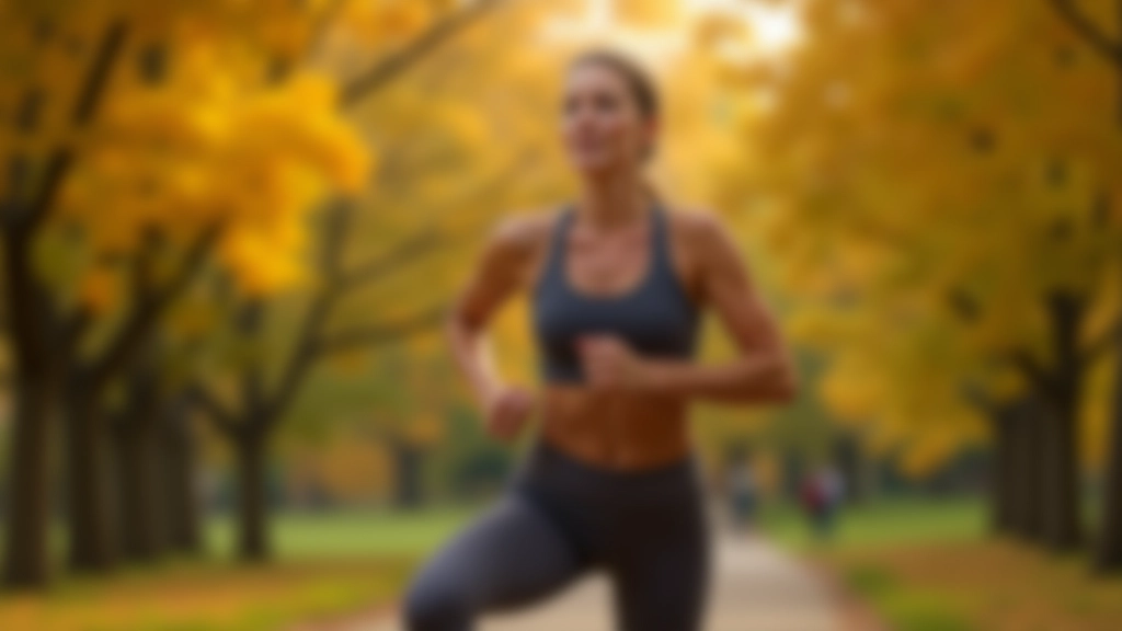 Woman aged 45-50 running outdoors in fitness attire at a park run event
